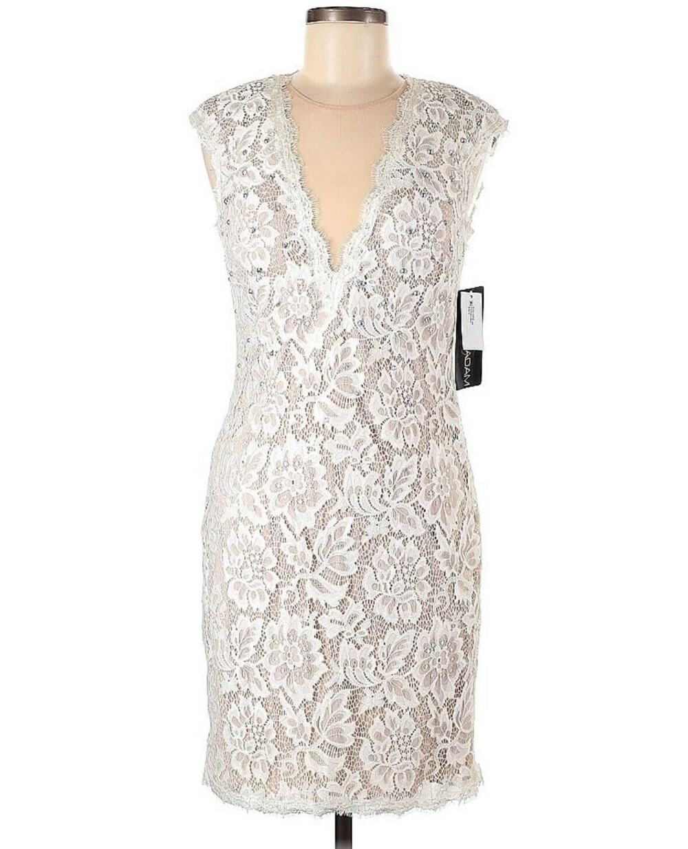 NWT DRESS THE POPULATION Black Lace Cocktail MIDI V-Neck Sheath Dress Sz M EUC
